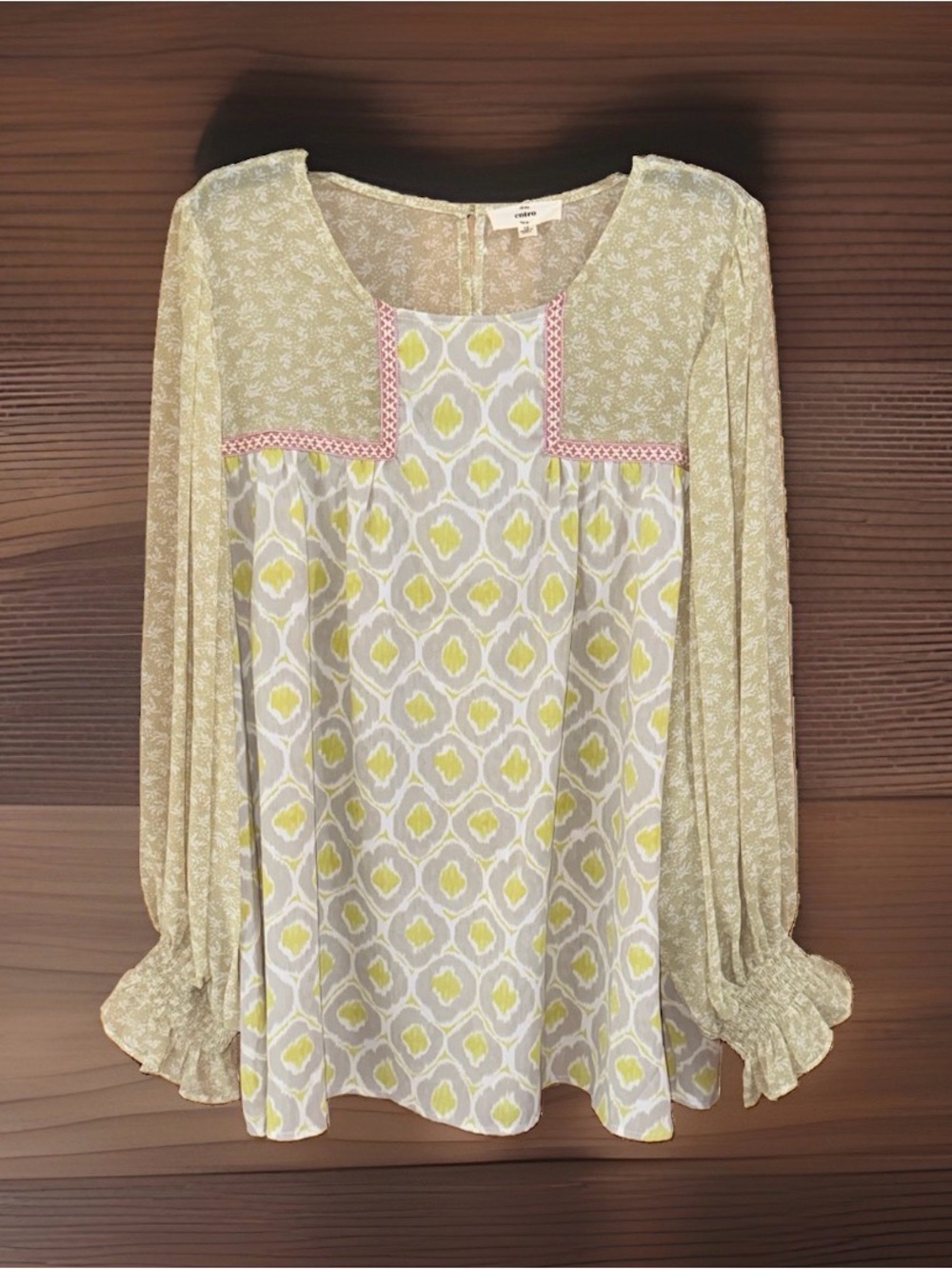 entro Yellow and Cream Printed Long Sleeve Blouse